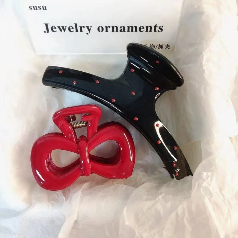2Pcs/set Vintage Blue Polka Dot Red Bow Hair Clip Shark Claw Clamp Hairpin Barrette Korean Hair Headwear Accessory