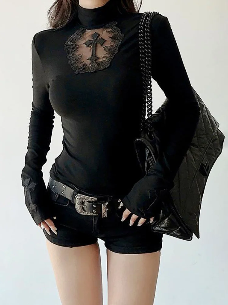 Turtleneck Top Y2k Clothes Black Gothic Cross Hollow Slimming Bottom T Shirt