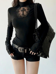 Turtleneck Top Y2k Clothes Black Gothic Cross Hollow Slimming Bottom T Shirt