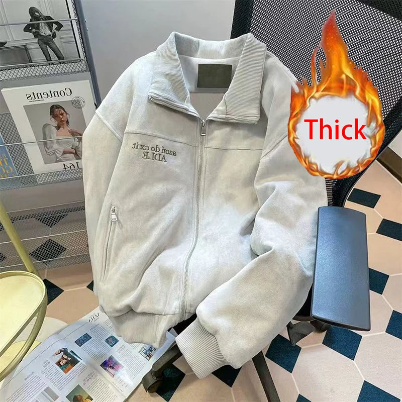 Letter Embroidery Baseball Jacket Y2K American Loose Streetwear Casual Coats Bf Plush Thick Warm Zipper Outerwear