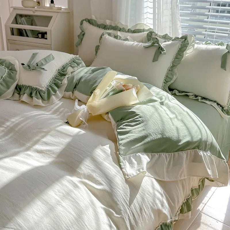 Green Princess Bedding Set Double Layer Lace Bow Quilt Cover Sheet