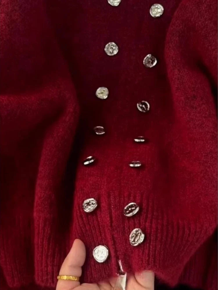 Luxury Fluffy Knitted Cardigan Sweater Design Double Breasted Sweater Coat High-end Lazy Zipper 2000s Y2k Knit Top