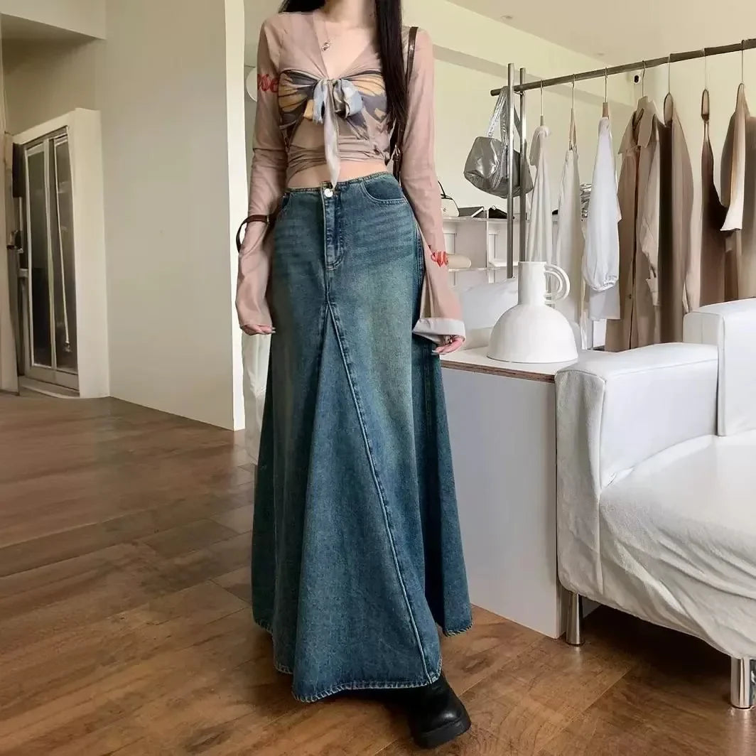 Sweet Cool Retro Distressed Denim High Waist A- Line Long Skirt Wrap Body Skirt Cotton Pure Color