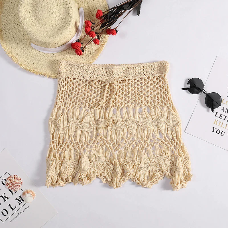 Handmade Crochet Hollow Out Swimwear Cover Up Solid Color Drawstring Short Skirt Holiday Knitting Sweet Beachwear
