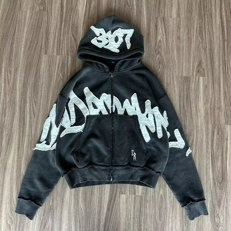 Gothic Oversized Letter Embroidered Patch Zipper Hoodie Y2K Harajuku Vintage Hip Hop Casual Couple Sweatshirt