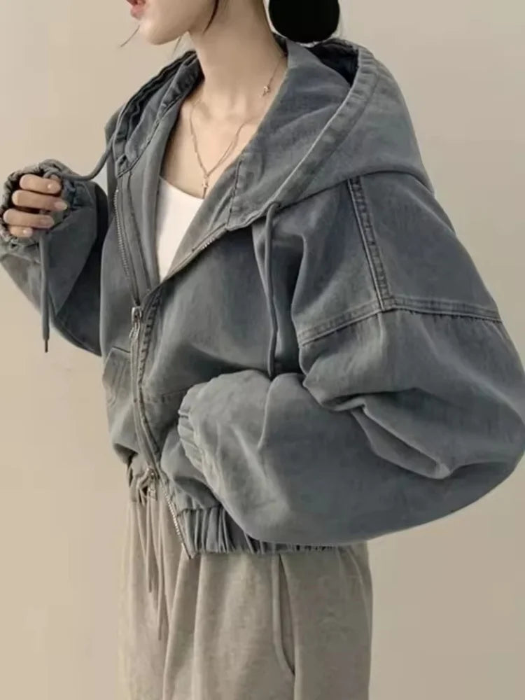 Short Denim Jacket Loose Long Sleeved Casual Fall Retro Zipper Design Hoodie Outerwear Versatile Outwear