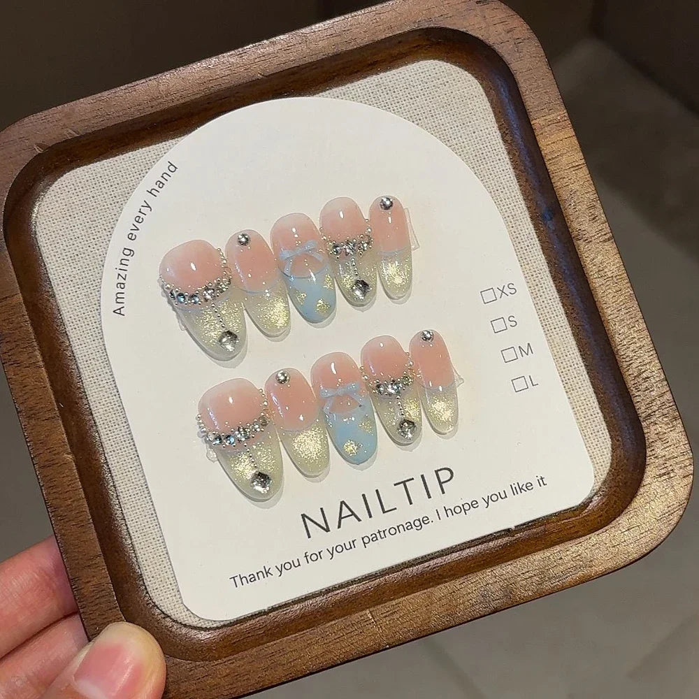 10Pcs Handmade Nude Color Press On Nails Sparkling Cat-Eye Cherry Star Marine Elements Sequins Cute Girlish Nail Suitable