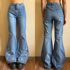 Solid Color Washed Geometry Floral Embroidery Element Baggy Wide-leg Jeans Commute Korean Style Straight-leg Jeans