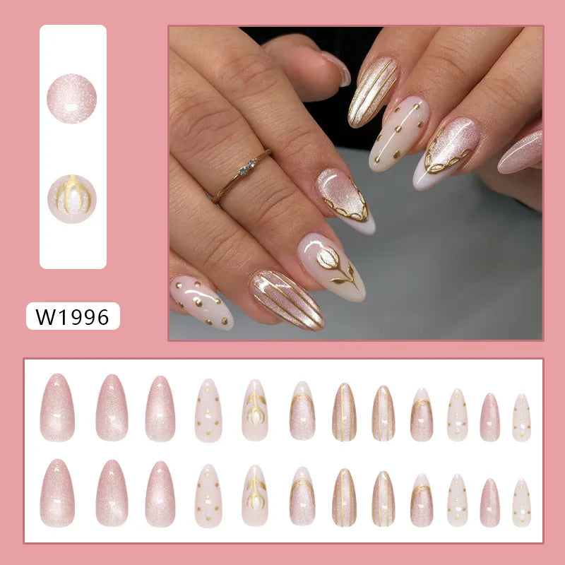 24pcs False Nails Glossy Green Almond Fake Nail Tips Wearable Detachable Flower Print Press on Nails