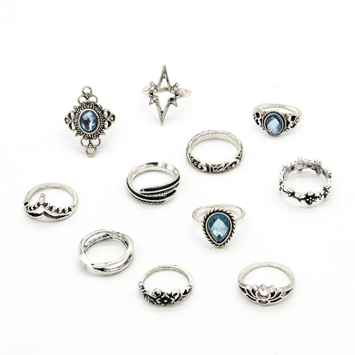 11pcs/set Bohemia Vintage Silver Gothic Aesthatic Vintage Carved Feathers Flowers Leaves Butterfly Ring set