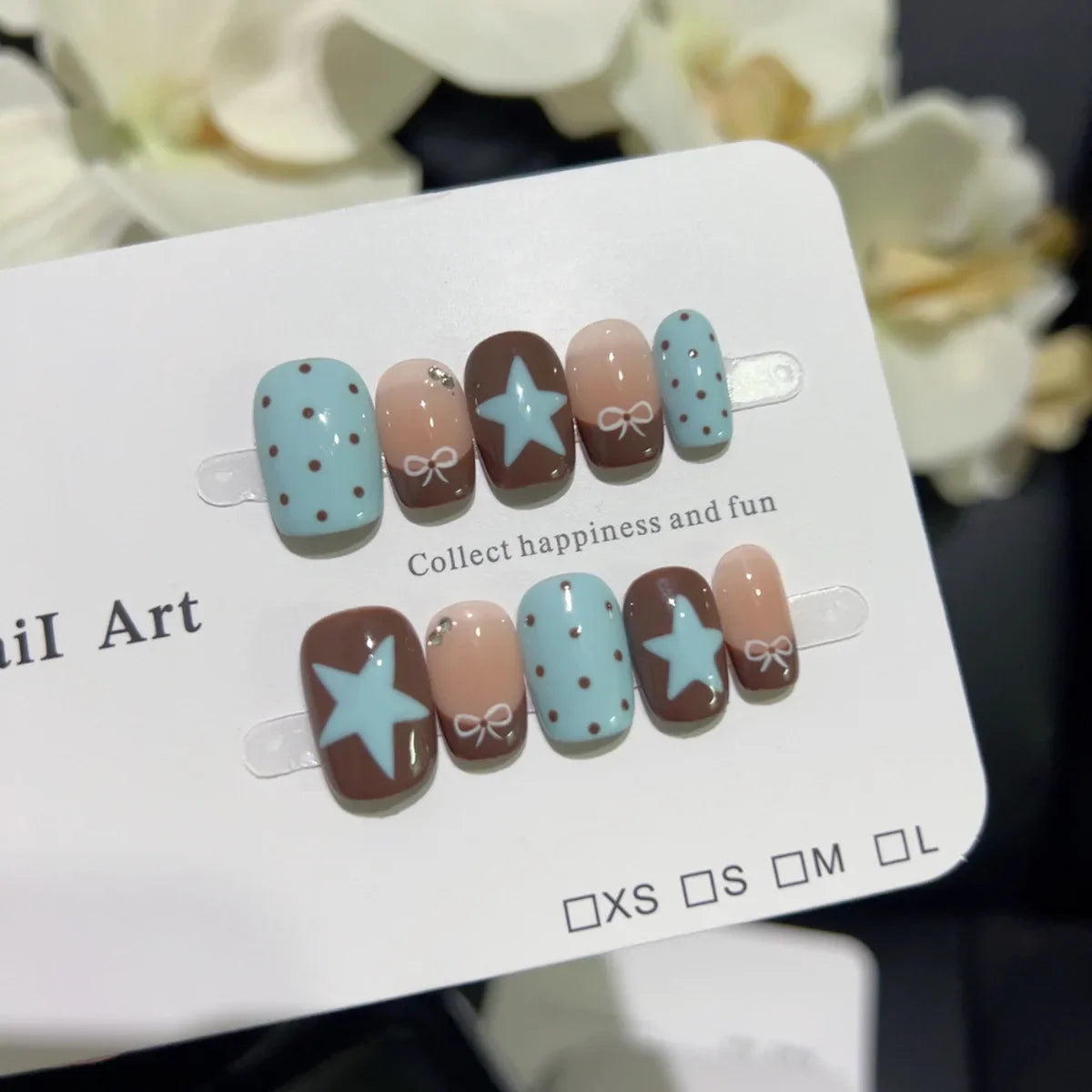 10pcs Handmade French Short Press On Nails Blue Brown Polka Dot Bow Star Design Fake Nail Wearable Nail Art Tips