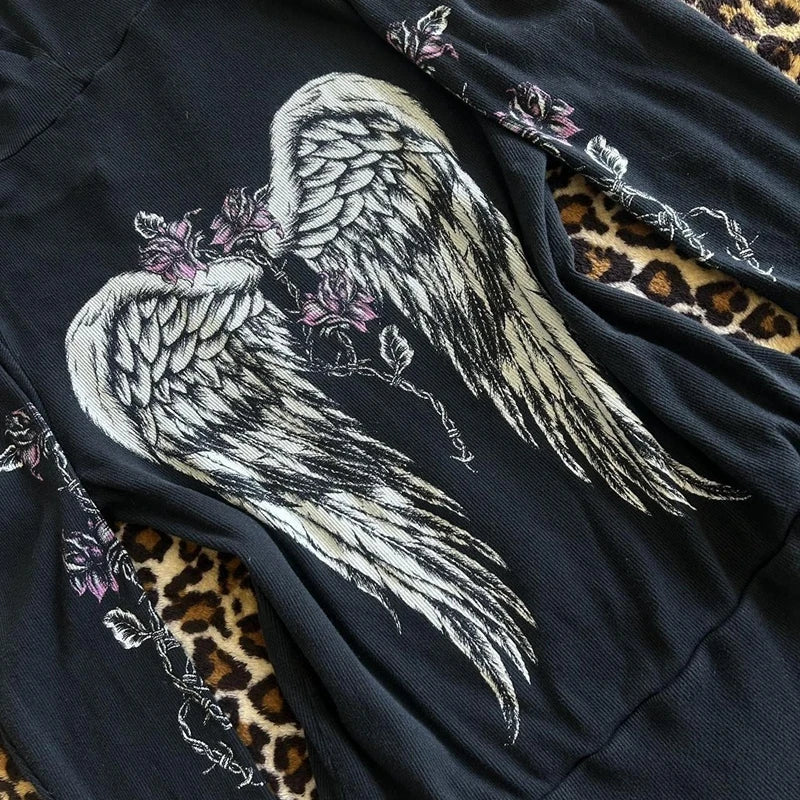 00s Vintage Jacket Y2k Grunge Zip Up Sweatshirt Flower Wings Print Slim Fit Hoodies E-girl Gothic Cool Street Outwear