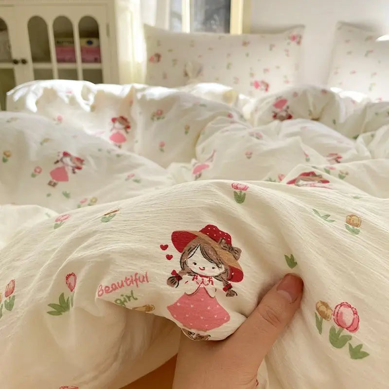 Korean Flowers Bedding Set Kids Twin Full Queen Size Soft Bed Flat Sheet Duvet Cover Set Pillowcases Simple Bed Linen