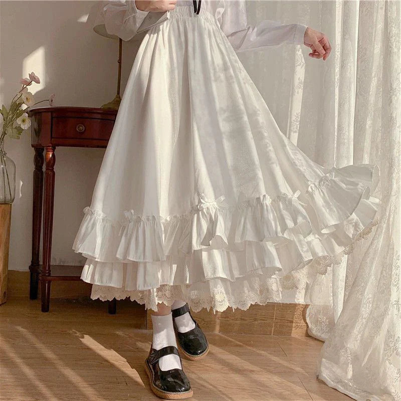 Sweet Midi Skirt Lace Patchwork Bow Preppy Fall Loose Casual Skirts Japanses Ruffle High Waist Solid Chic Skirt