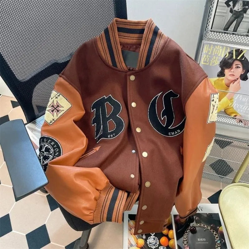 American Retro Letter Flocking Splicing Jacket Y2K High Street Hip-hop Loose Tooling Baseball Uniform Jacket