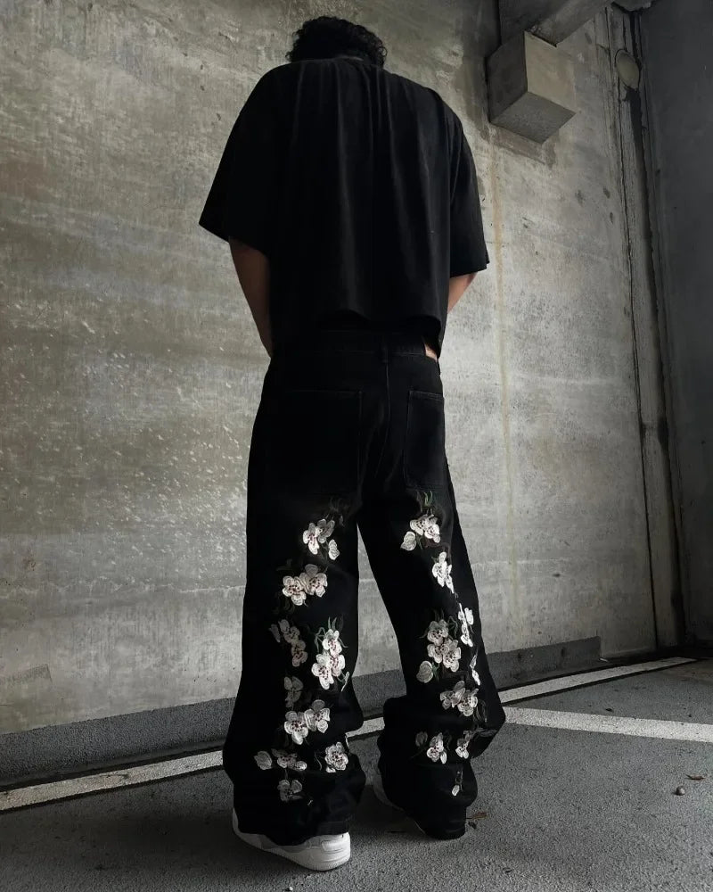 Y2K Baggy Jeans Harajuku vintage cherry blossom Embroidery jeans streetwear Hip Hop gothic wide leg jeans