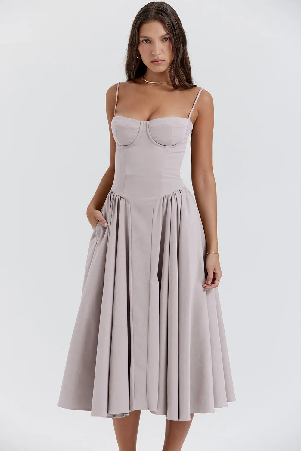 Elegant Sleeveless Backless Pleated Dresses Lady Solid Sling Midi Dress Party Evening A-line Robes