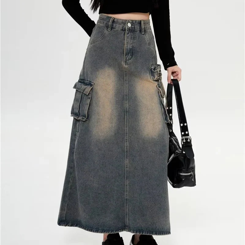 Y2k High Waist Denim Ankle Length Cargo Skirts Girls Robe Cool Wrap Dress Retro Blue A Line Long Jeans Skirts