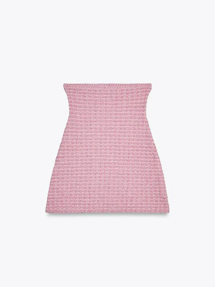 Elegant Knitted Two Pieces Set Single-breasted Tube Top Hip Package Pockets Shorts Casual Lady Suit