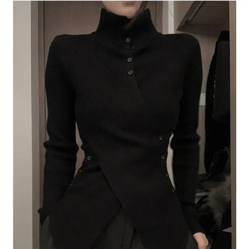 Deeptown Harajuku Black Turtleneck Sweaters Criss Cross Irregular Korean Button Knit Pullovers Slim Warm Aesthetic
