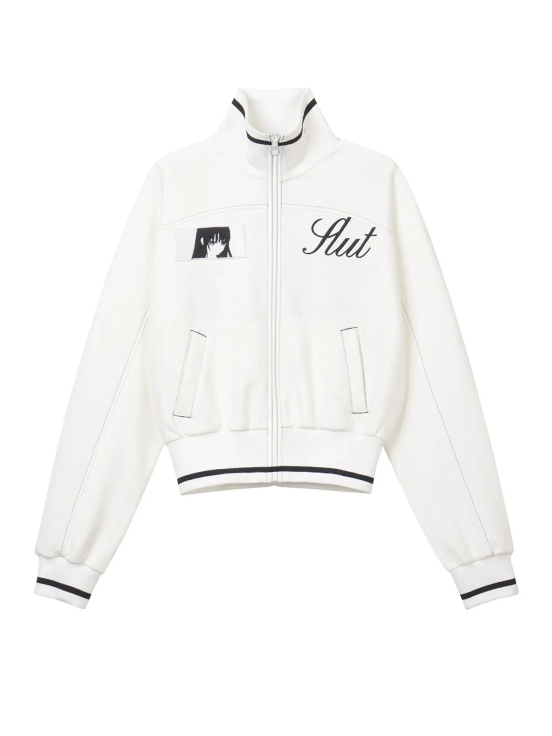 Japanese Subculture Anime Geometric Embroidery Short Jacket Stand Collar Zipper Contrasting Slim