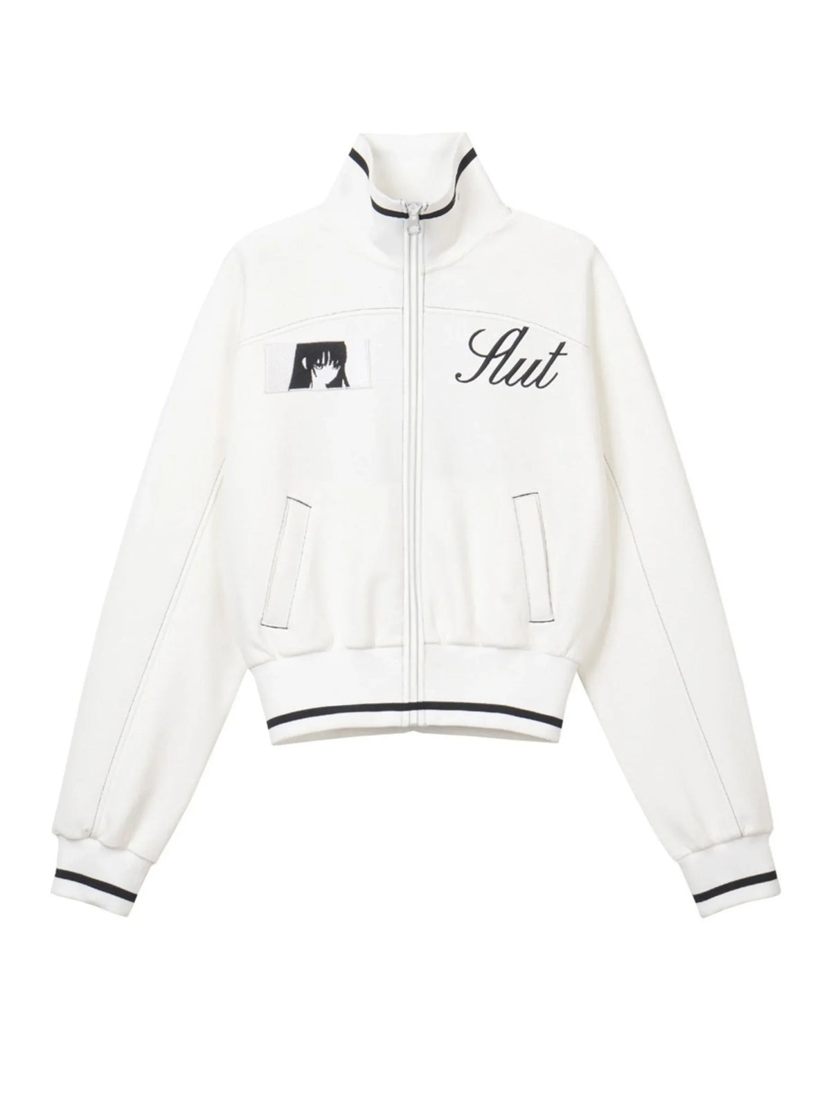 Japanese Subculture Anime Geometric Embroidery Short Jacket Stand Collar Zipper Contrasting Slim