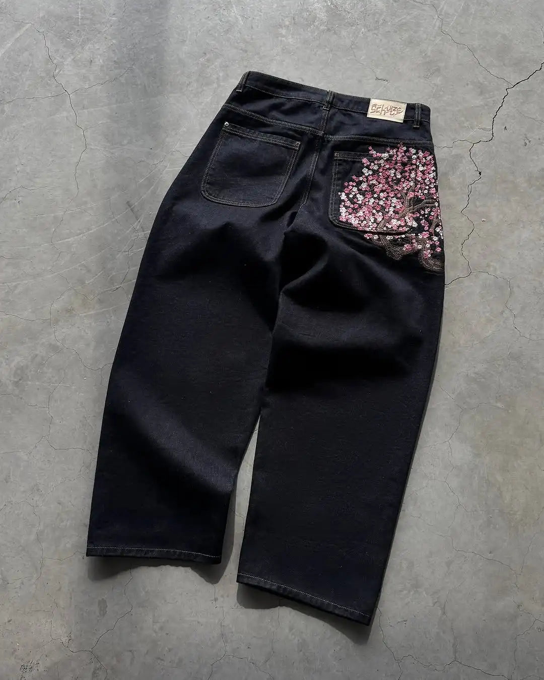 Y2K 2000s Cherry Blossom Pocket Embroidery Hip Hop Loose