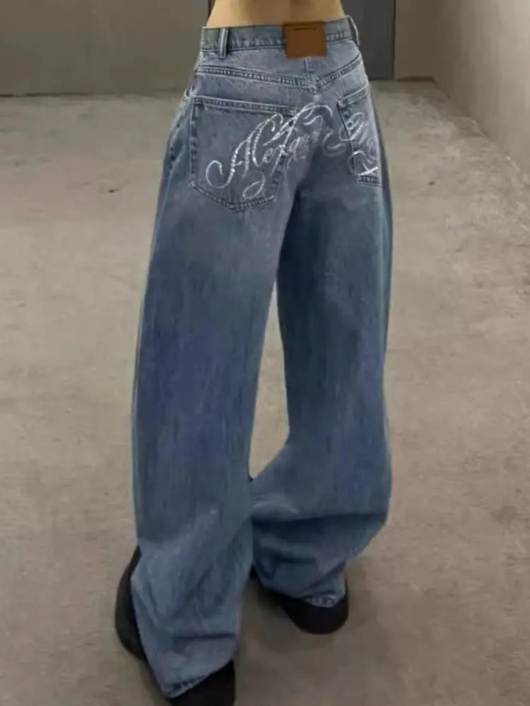 Gradient Casual Blue Jeans Y2K Vintage High Waisted Jeans Straight Streetwear Loose Large Wide Leg Denim Pants