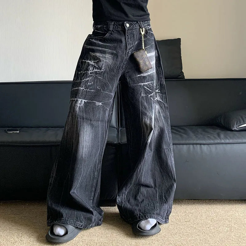 Korean Vintage Jeans Lightning Pattern Design Loose Straight Leg Pants Casual Black Pants
