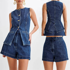 Denim Shorts Suit Sleeveless O-neck Single Breasted Split Top Vest High Waist Wide Leg Shorts Lady Sets