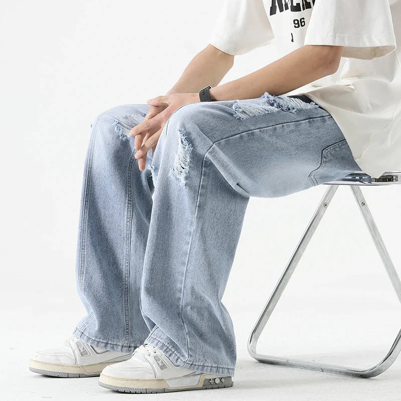 Ripped Jeans Loose Straight Leg Retro Draw Rope Port Brand All-match Casual Pants
