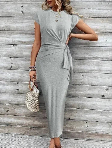 Elegant Waist Tie Striped Round Neck Short Sleeves Long Dress High-End Feel Clothing Skirt