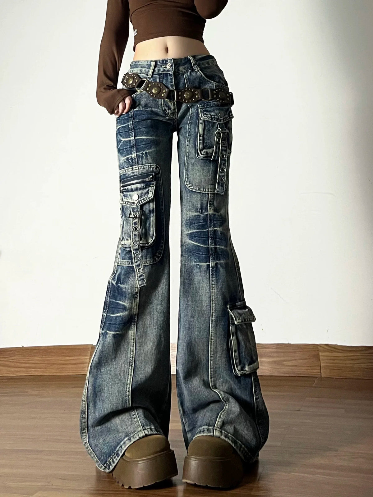 American Vintage Street Style Y2K Jeans High-street Multi-pocket Cargo Flared Floor-grazing Jeans Casual Punk Long Pants