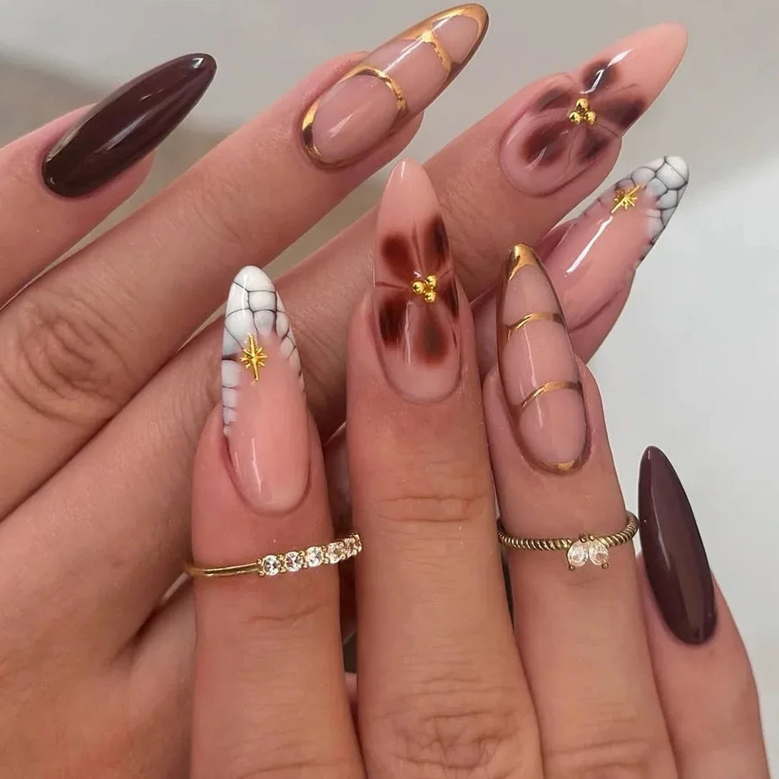 Pink Yellow Halo Dyeing Flower Water Ripple False Nails Leopard Long Pointed Fake Nails Art Press on Nails Charm Manicure