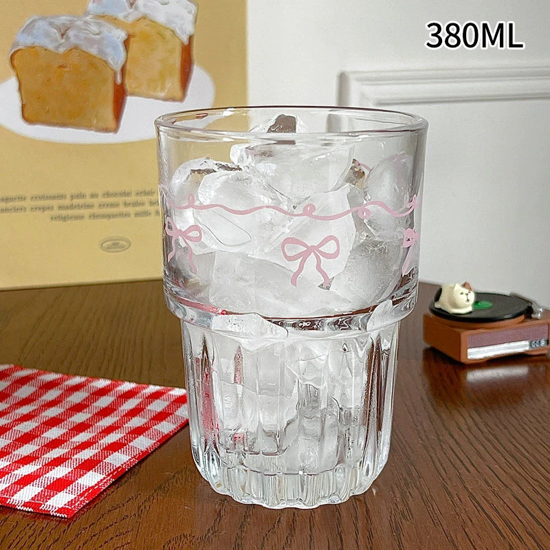 INS Pink Bow Glass Cups Iced Coffee Mug Clear Drinking Glasses Tumbler Milk Tea Juice Water Cup Dessert Cups Drinkware 260-380ML