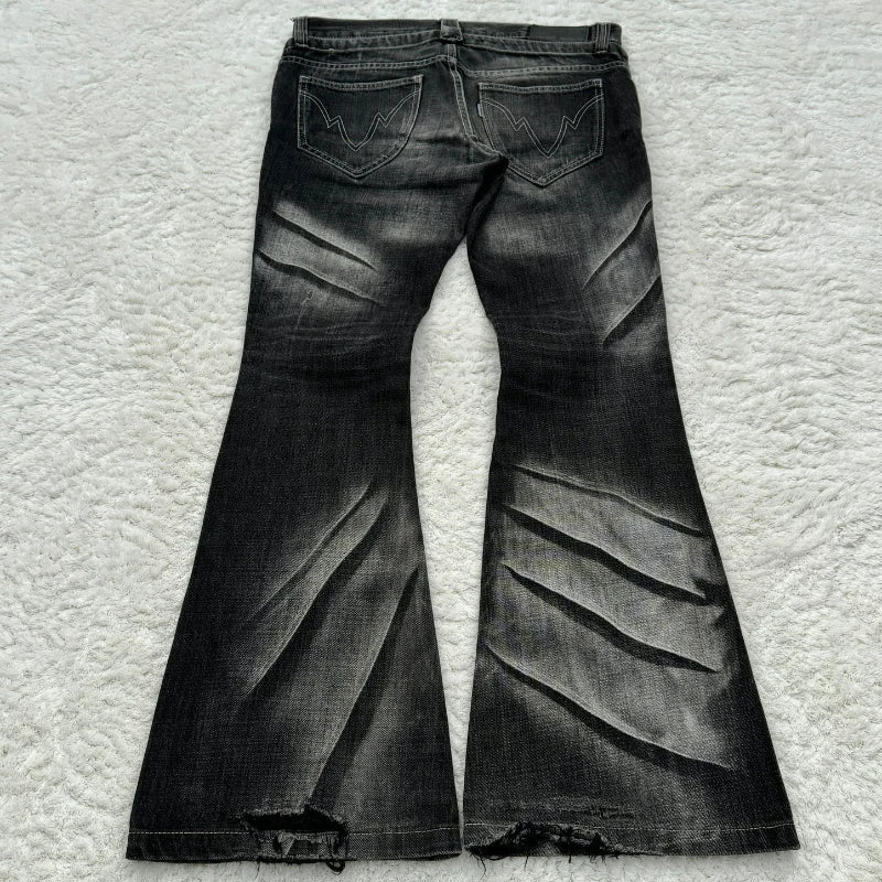 Y2k Flared Lace Up Jeans Retro Washed Paw Prints Double Waist Slim Fit Jeans Gothic High Street Wear Unisex Bootcut Jeans