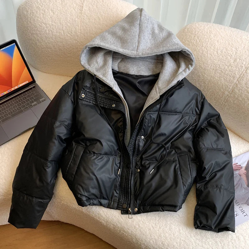 Hooded Short Parkas Black Patchwork Puffer Jacket Streetwear Down Coats Korean Cotton Padded Outerwears New