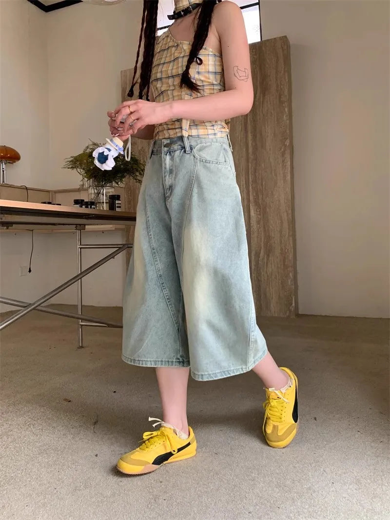 Vintage Style Harajuku Blue Jeans Y2K Punk Street Baggy Denim Trouser Casual Mop Calf Length Pants