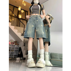 American Style Vintage Short Jeans High Waisted Washed Wide Leg Denim Pants Do Old Star Knee Length Shorts