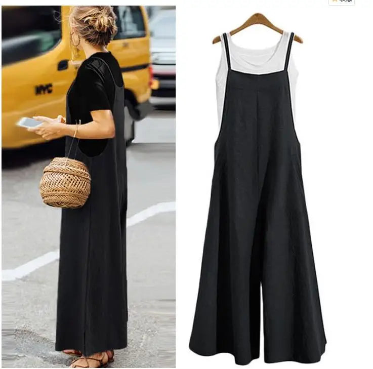 Straps Jumpsuit Solid Color Wide Leg Pants Dungaree Bib Overalls Casual Loose Sleeveless Cotton Linen Jumpsuits 5Xl