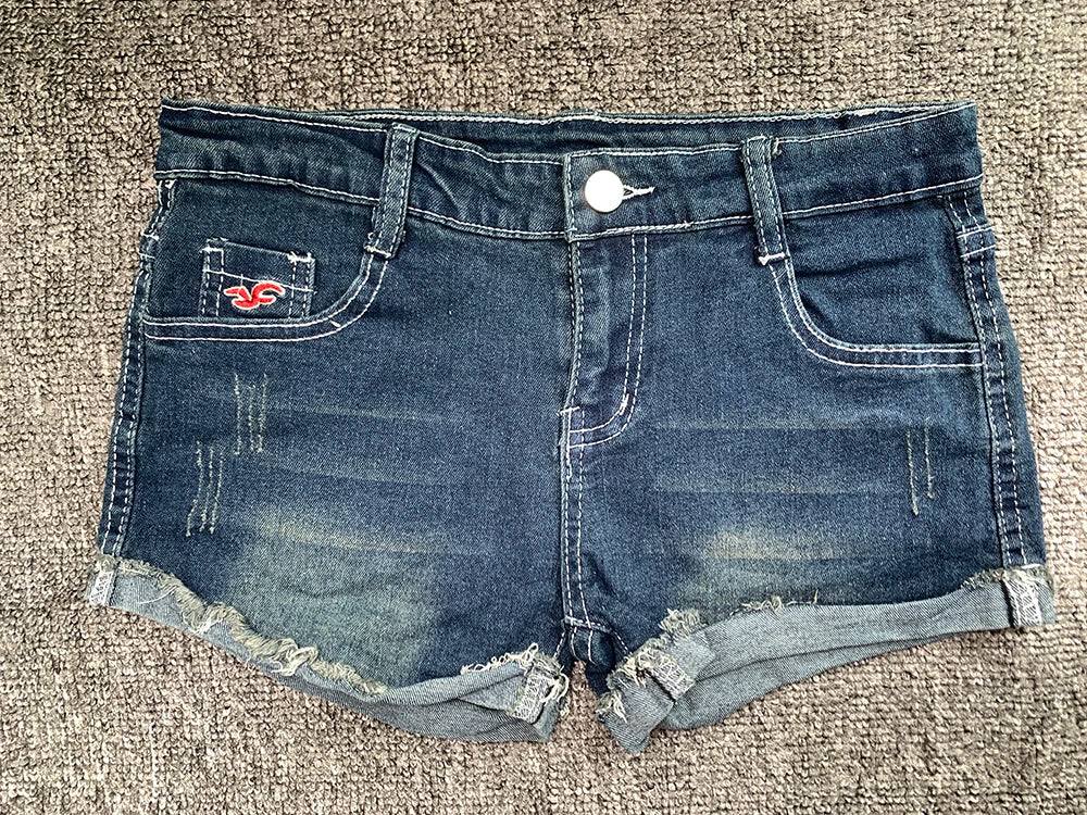 Korean Low Waist Denim Shorts American Lady Y2K Elastic Slim Fit Pants Embroidery Wrapping Jeans
