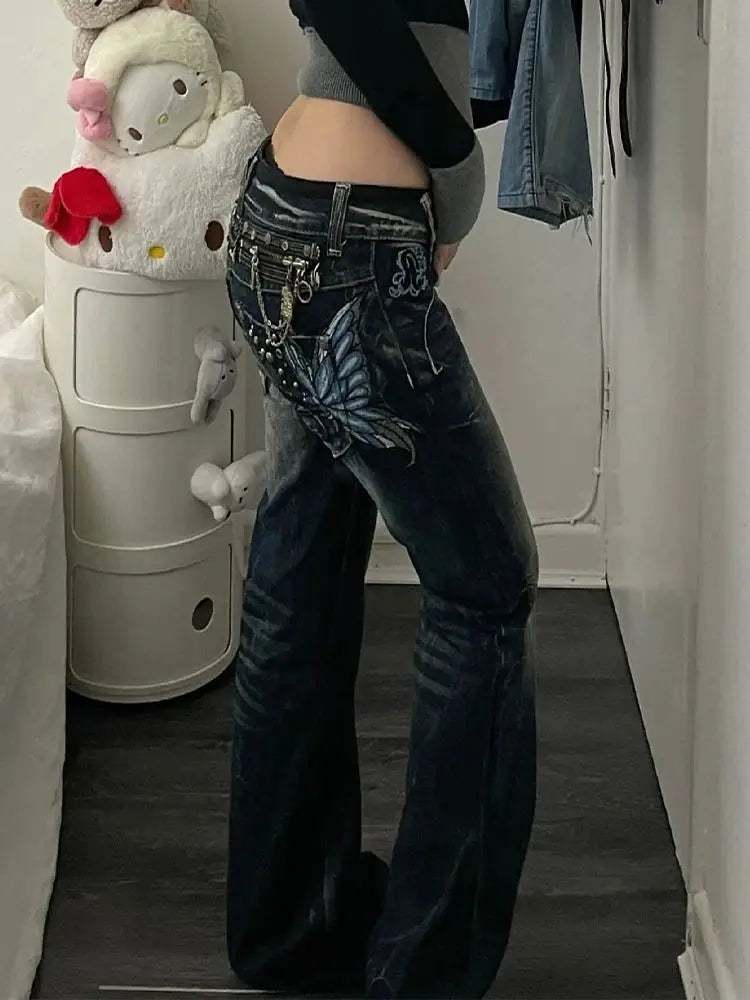 American High Street Large Size Butterfly Embroidered Jeans Y2K Millennium Harajuku Slim Flared Jeans