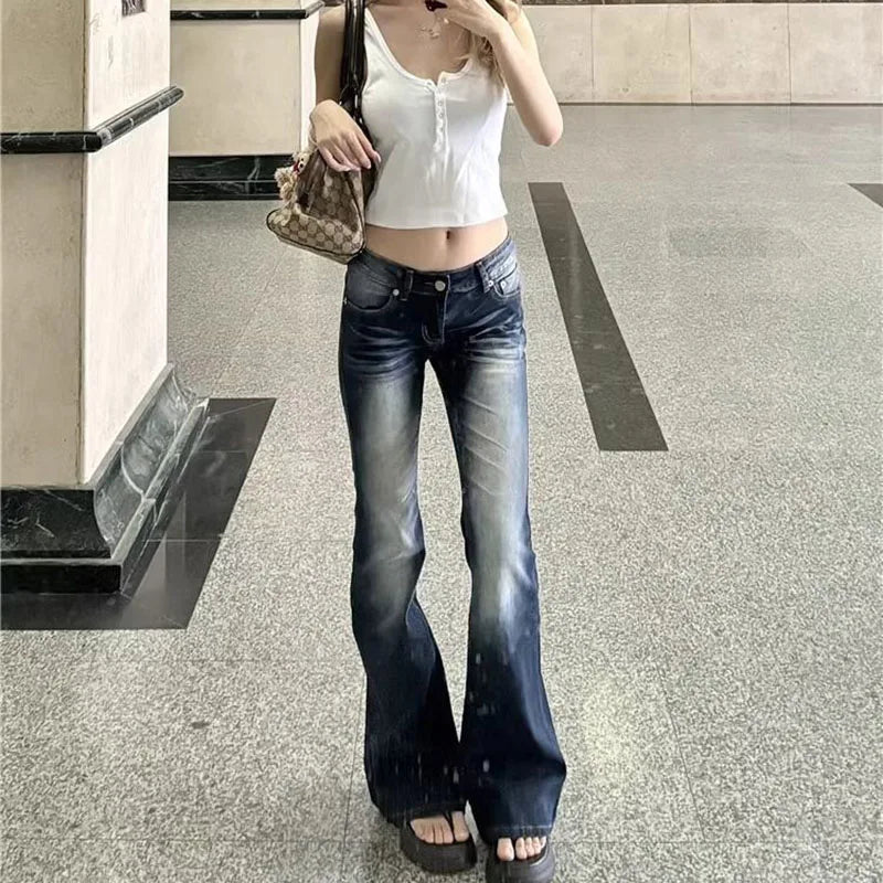Washed Denim Flares Pants Korean Style Low-Waist Slimming Wide Leg Jeans Streetwear Slim Y2K Trousers