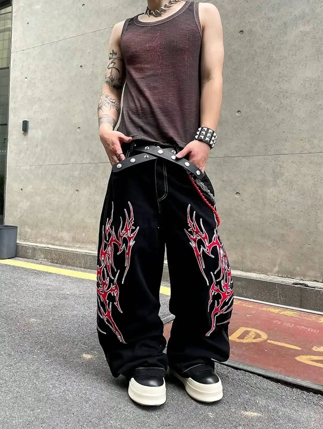 Y2K Street Jeans Harajuku Hip Hop Retro Loose Red Stripe Printing BaggyJeans Pants Gothic Wide Trousers