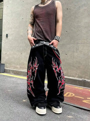 Y2K Street Jeans Harajuku Hip Hop Retro Loose Red Stripe Printing BaggyJeans Pants Gothic Wide Trousers