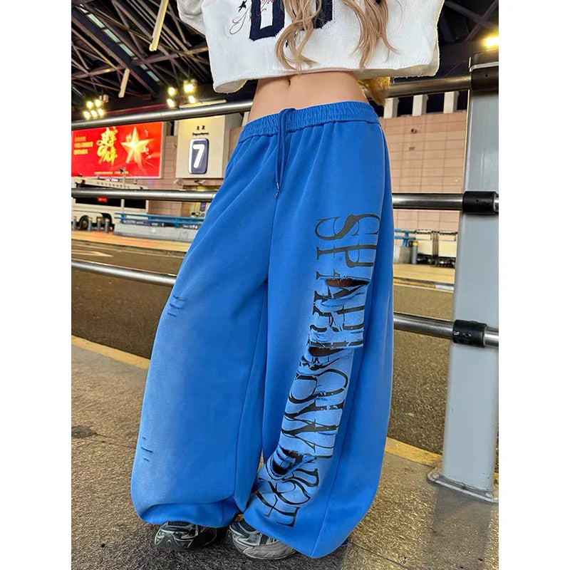 Red Baggy Letter Print Ripped Sweatpants Oversize Dance Pants Harajuku Vintage Y2k Wide Trousers