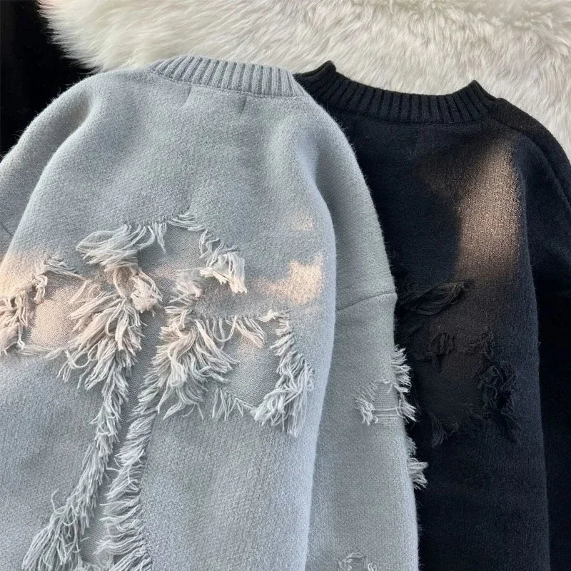 and y2k Streetwear Retro Hole Fringed Sweater Loose Versatile Sweater
