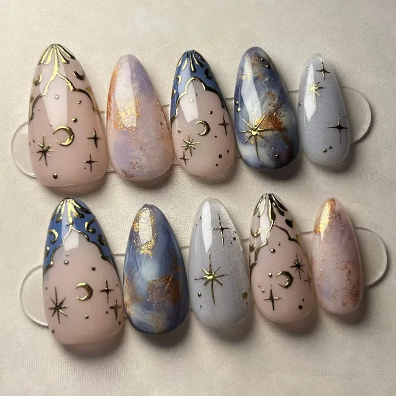 24pcs Short Almond False Nail Art Starlight Rhinestone Design Nails Tip Green Full Cover Nail Set Datachable Press on Fake Nails