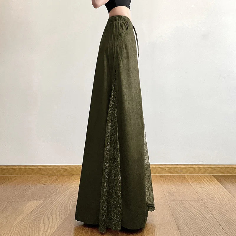 Vintage Suede Nap Lace Patchwork Hem Zip Long Skirt Cyber Y2K Chic Drawstring Pocket A-line Skirts Lady Grunge Streetwear