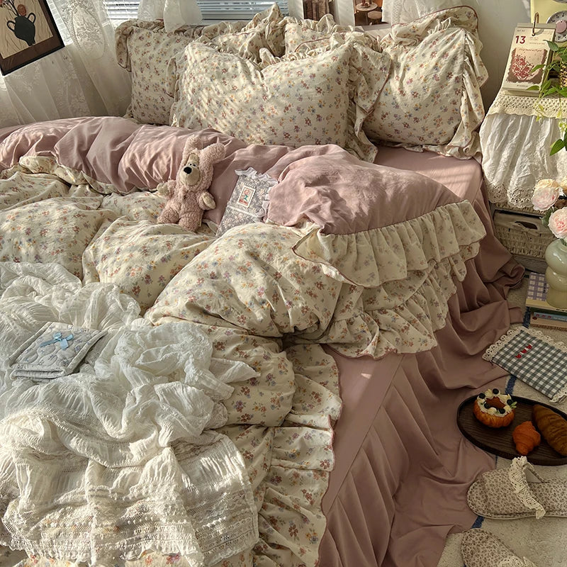 3/4Pcs Korean Princess Style Floral Ruffles Bedding Set Skin-friendly Soft Duvet Cover Set Bed Sheet Or Bed Skirt Pillowcases